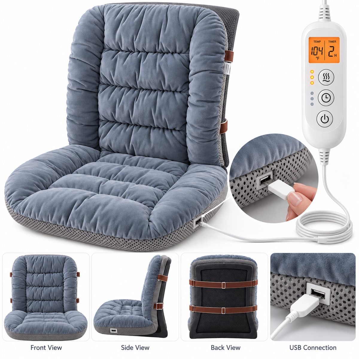 CozyOfficeCo heated seat cushion in dark blue with controller – front, side and back views