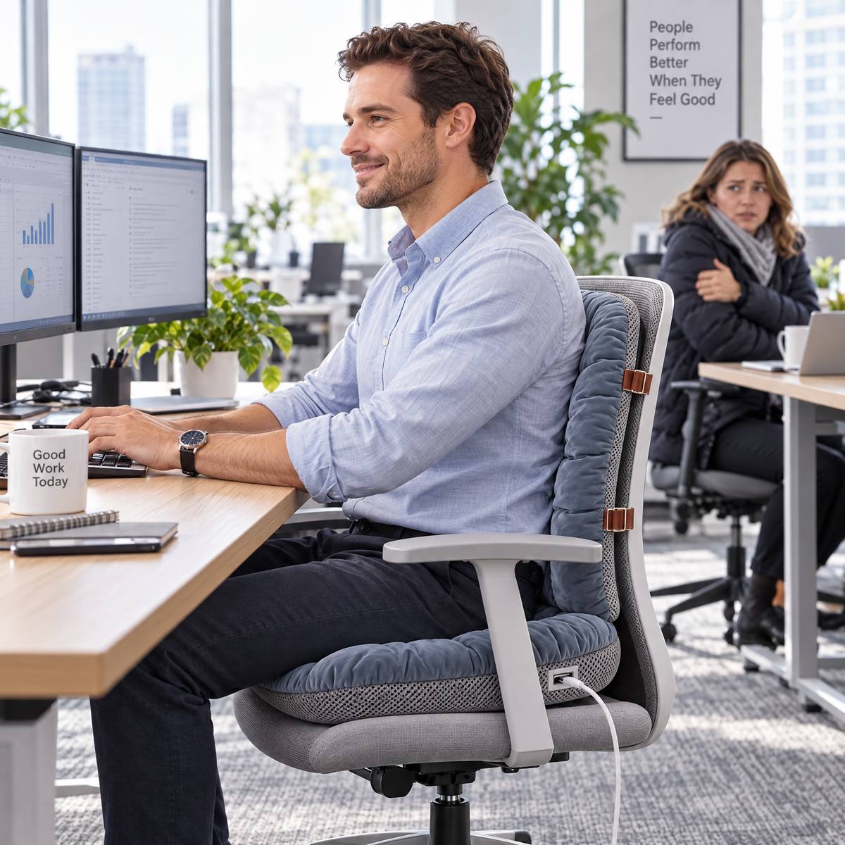 Heated seat cushion in a busy office