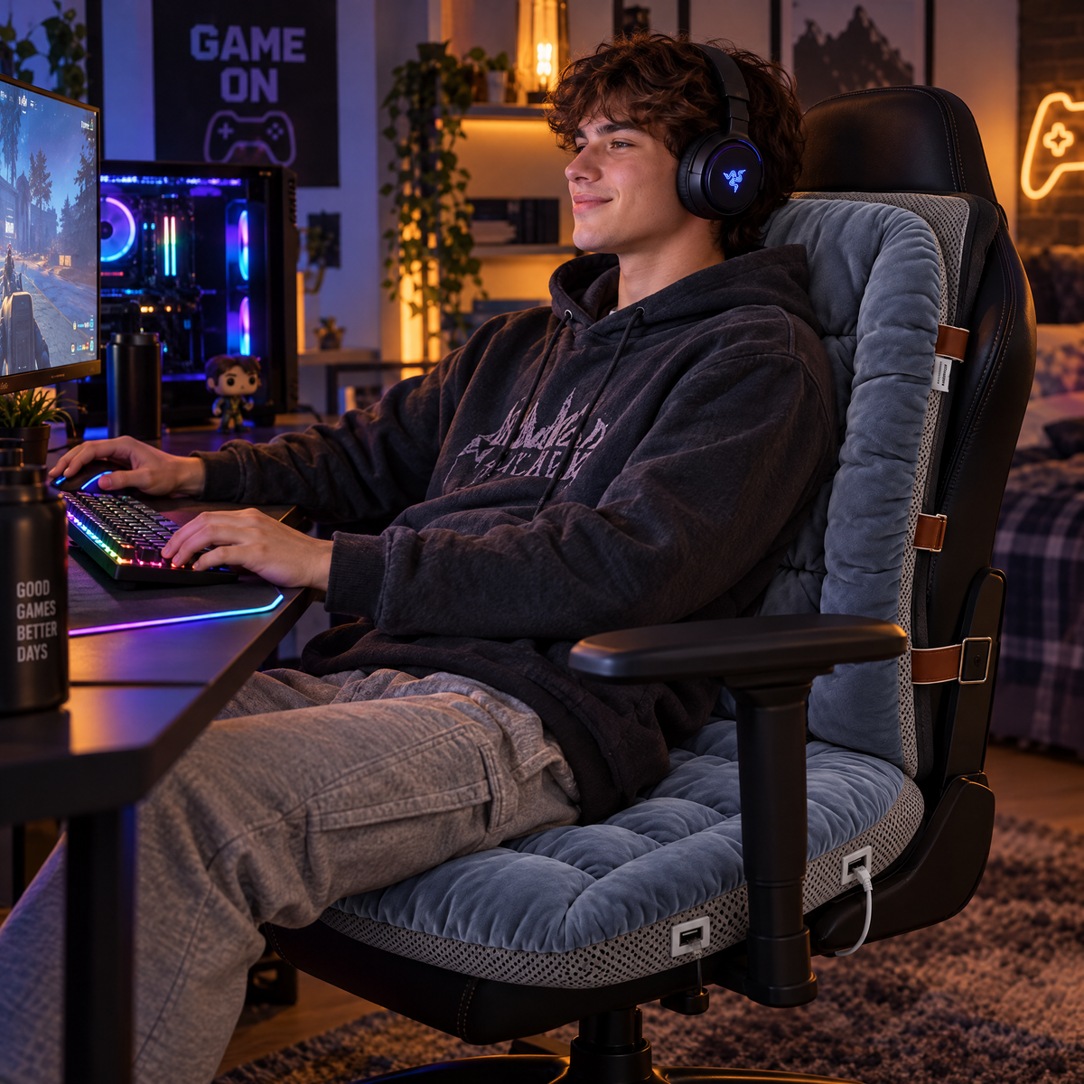 Heated cushion on a gaming chair